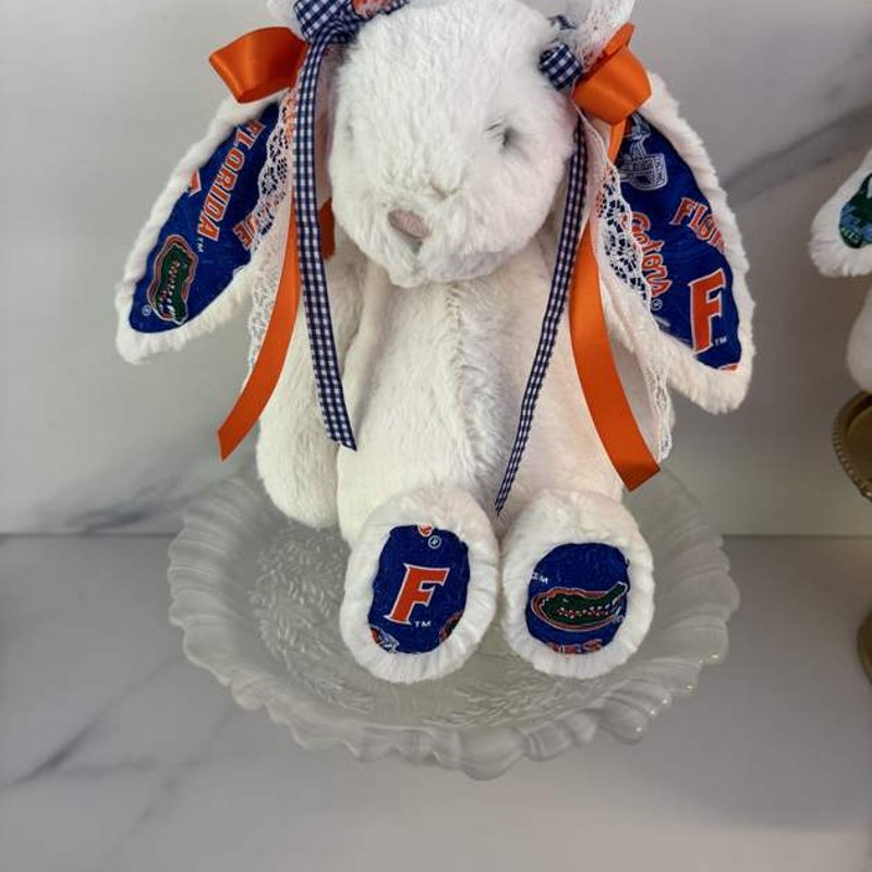 Florida Bunny, front view — plush rabbit trimmed in blue and orange